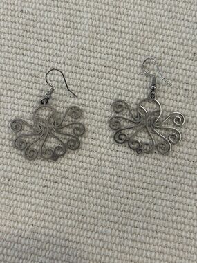 Ornate Silver Scrollwork Drop Octopus Earrings - Silver
